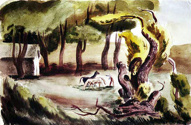 Man & Two Horses in Grove of Trees-Pomona Hills